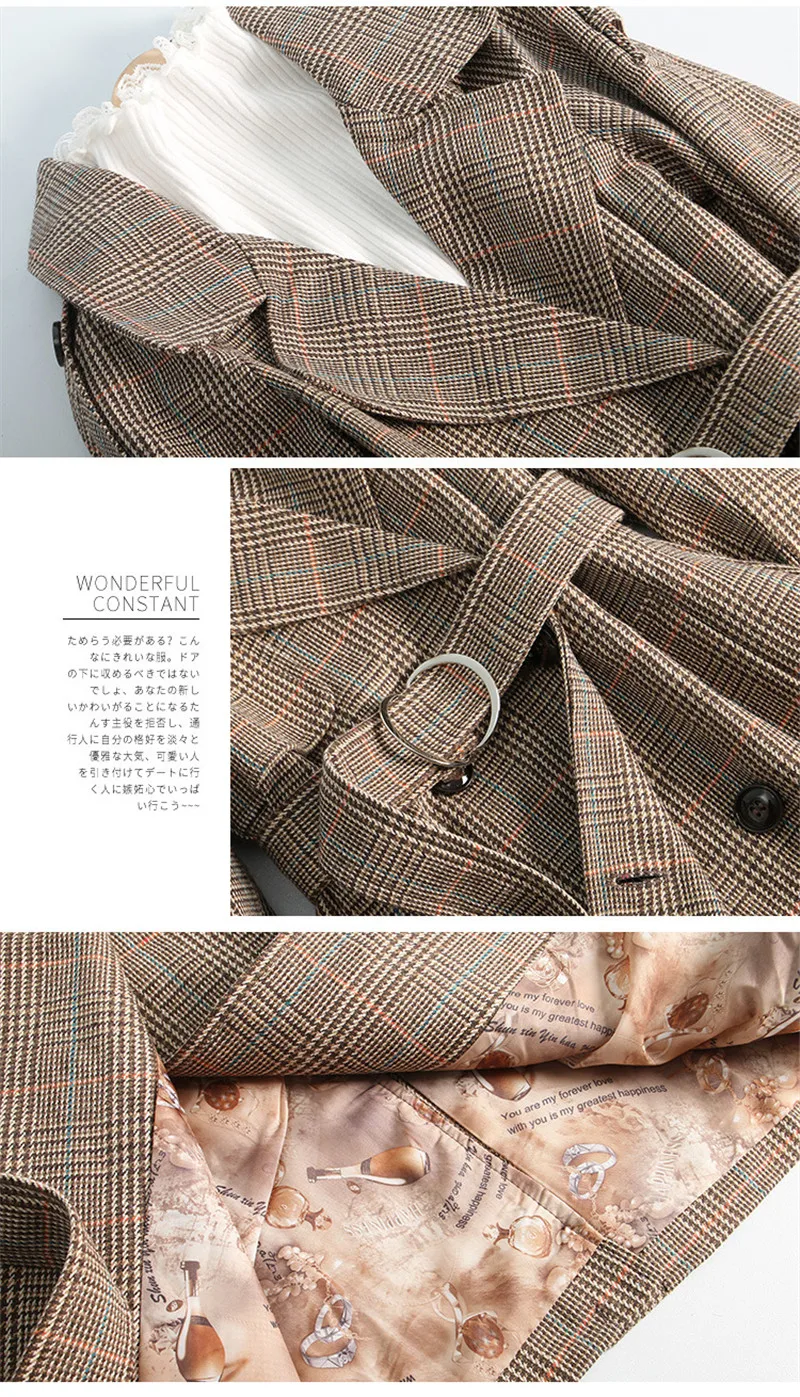 New Fashion Female Windbreakers Autumn Women Plaid Trench Coat Double-breasted Long Overcoat With Belt Outerwear R1172