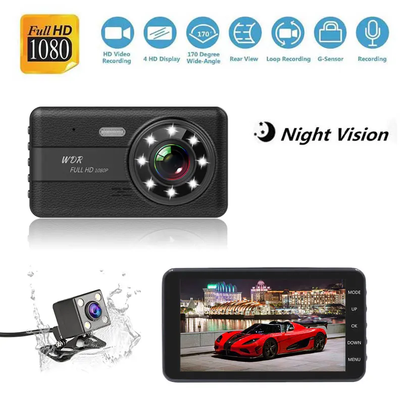 Olysine Новые 4 дюйма Dashcam Full HD 1080P Видеорегистраторы для автомобилей Двойной объектив диск Регистраторы Ночное видение тире Камера автомобильный видео регистратор