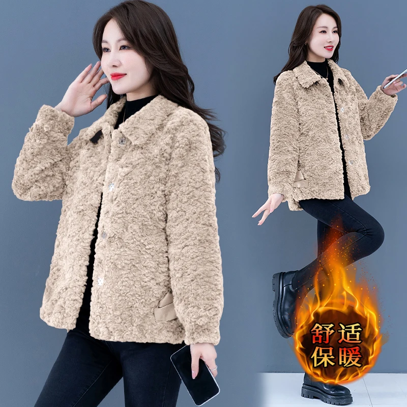 

Autumn Winter Femme Top Middle-Aged Mothers Lamb Velvet Coat Loose Short Thick Warm Sheep Shearing Fur Jacket Women H2009