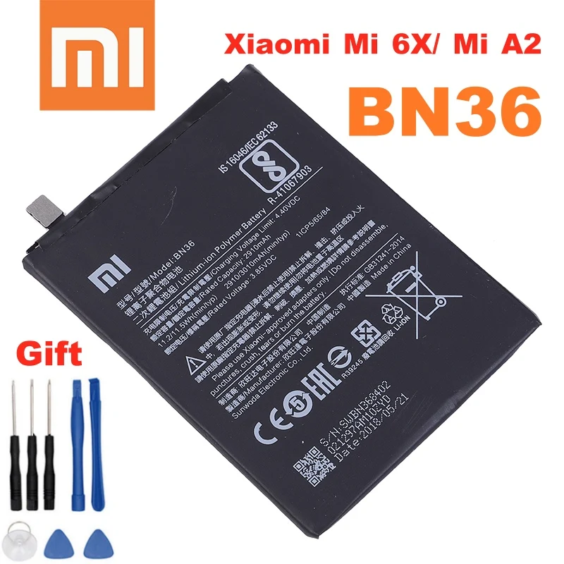 Оригинальный аккумулятор BN36 Xiao Mi для Xiaomi Mi6X 6X MiA2 A2 высококачественные сменные батареи телефона 3010 мАч +