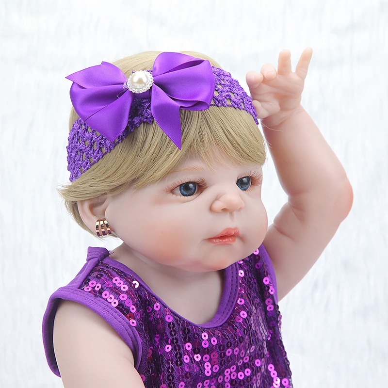 55 см Reborn Baby Doll игрушка полностью силиконовая фиолетовая принцесса платье ткань тело короткие волосы Реалистичная кукла малыш подарки на день рождения