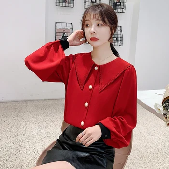 

COIGARSAM Chiffon Full Sleeve Solid blouse women New Spring Turn-down Collar blusas womens tops and blouses Red 9231