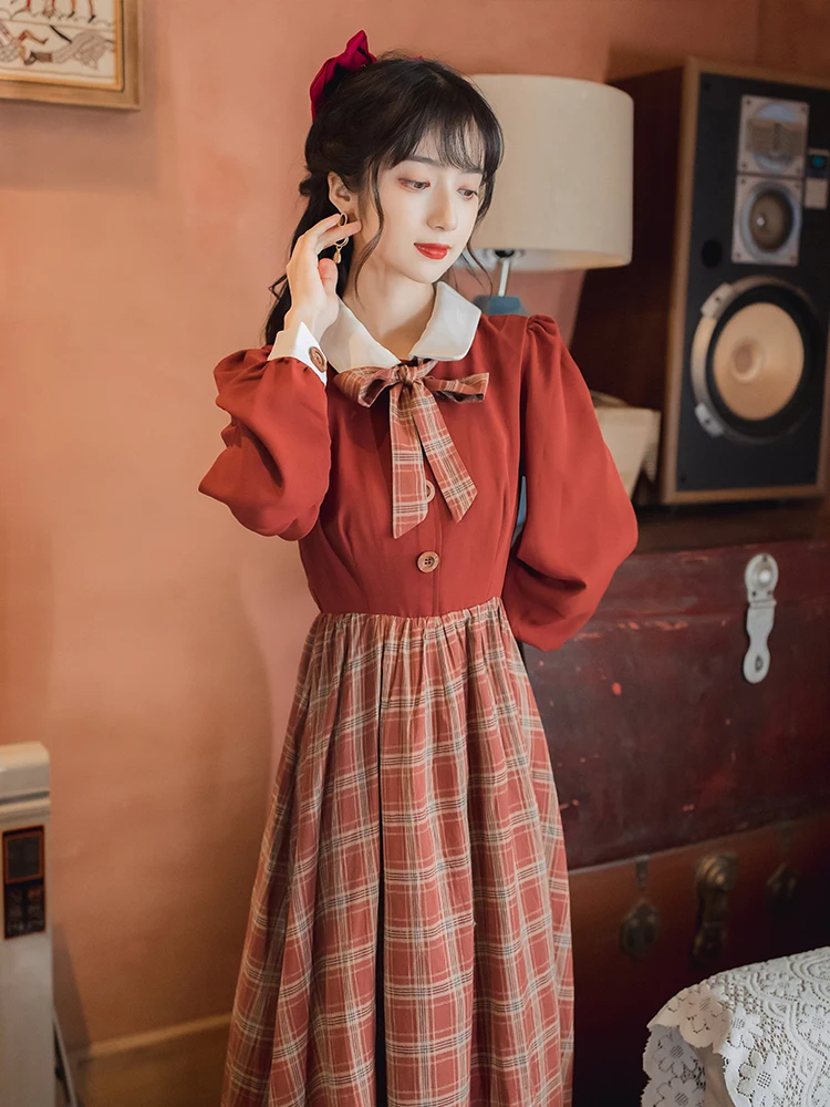 

2020 new fashion women's clothing Peter pan Collar Patchwork Vintage dresses women dress