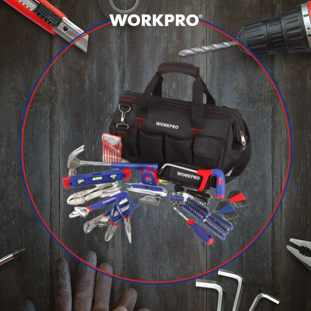 WORKPRO 156 шт. набор инструментов для дома, водопроводные плоскогубцы, плоскогубцы, набор двойных гаечных ключей, молотковая пила, отвертка, Набор бит, шестигранный ключ, уровень ленты