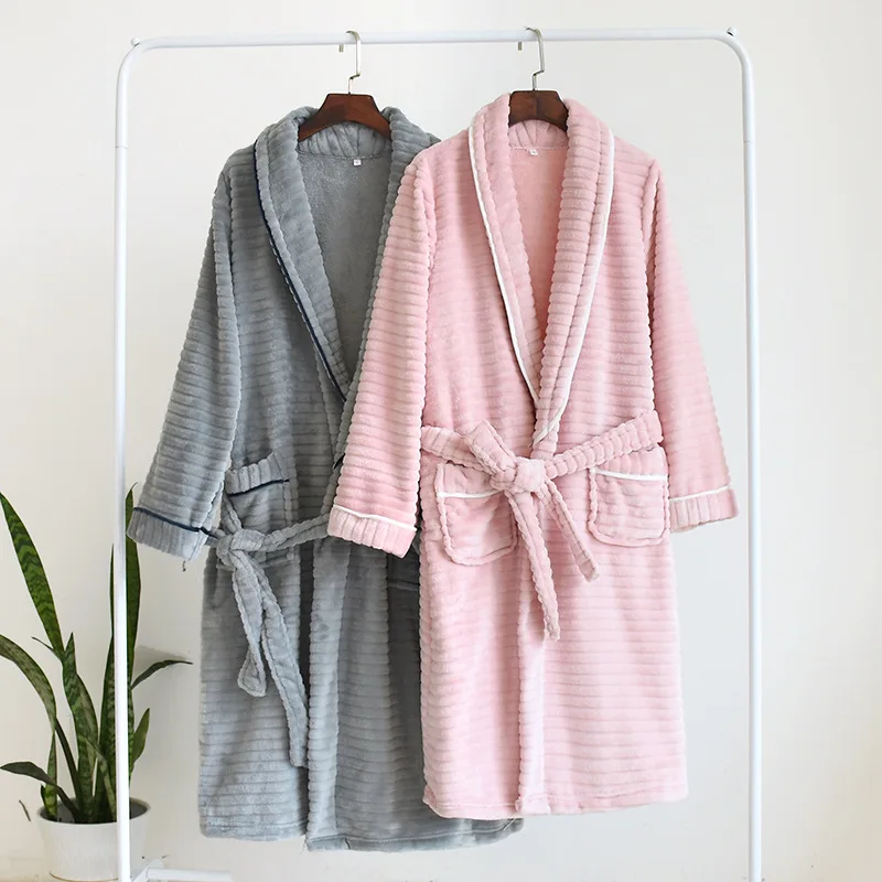 Autumn Winter Warm Soft Thick Couple's Nightgown 2021 Simple Women's Thickened Flannel Homewear Velvet Bathrobe Men's Pajamas