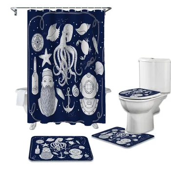 

Maritime Octopus Shower Curtains Set Bath Mat Set Toilet Cover Waterproof Bathroom Shower Curtain and Rug Sets