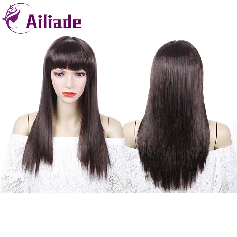 

AILIADE Long Straight Synthetic Wig with Bangs Dark Brown Natural Supple Heat Resistant Hair Wigs for Women Clearance Big Sale