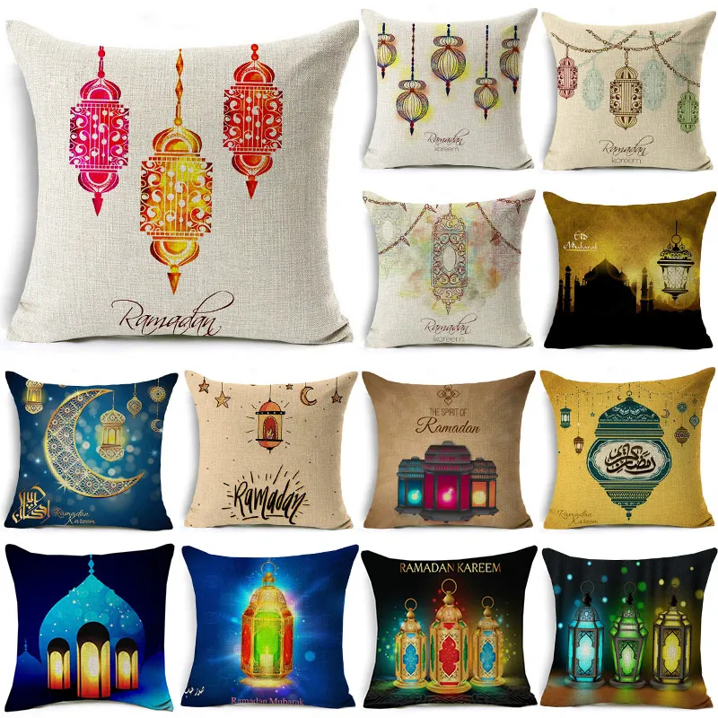 

Ramadan Decoration Blessed Eid Mubarak Moon Lantern Mosque Cotton Linen Cushion Cover Decorative Cushion Pillow for sofa 40253