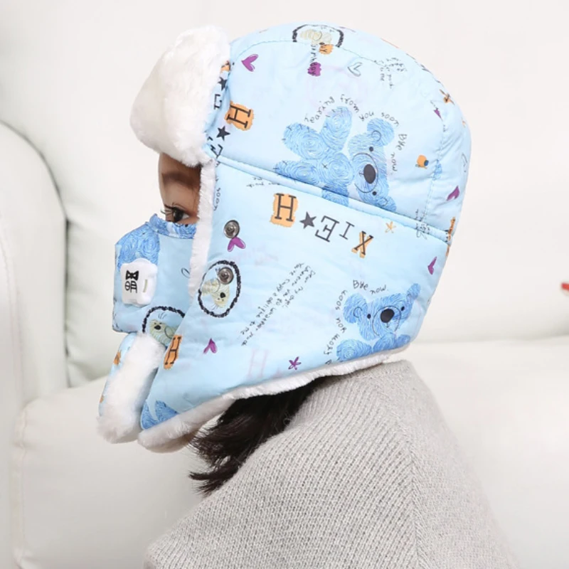 Light Blue HT2873 детская зимняя шапка, плотная Теплая Лыжная шапка с ушками, детская маска, Русская Шапка для мальчиков и девочек, ветрозащитная Русская Шапка, Детская шапка-бомбер - Цвет: Light Blue