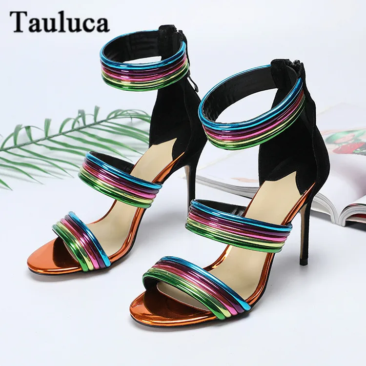 

Sexy Colorful Ladies Sandals Faux Suede Pointed Toe Ankle Strap Women Sandals Back Zipper Stilettos Heel Shoes New Female Sandal