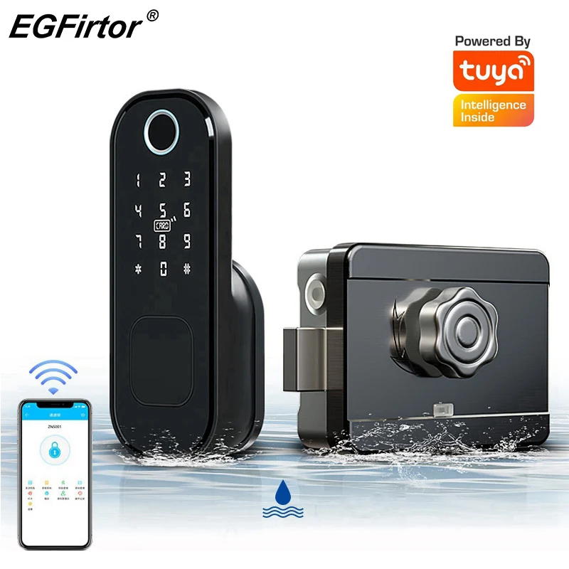 No Wiring Waterproof Tuya Wifi Fingerprint Rim Lock Smart MF Card Digital Code Electronic Door Lock Home Security Mortise Lock