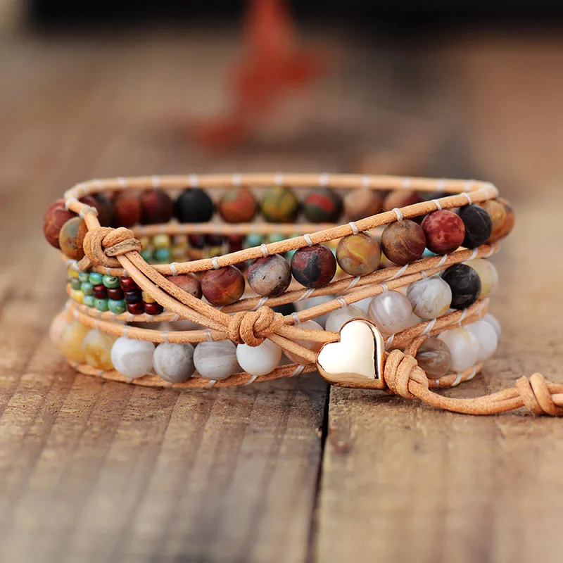 New Vintage Wrap Bracelets W/ Frosted Stone Beaded Triple Statement Bracelet Bijoux Femme Bohemian Beads Jewelry