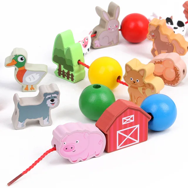 Fun wooden farm animal building blocks beaded toys baby beaded game early education Montessori children educational toys 1
