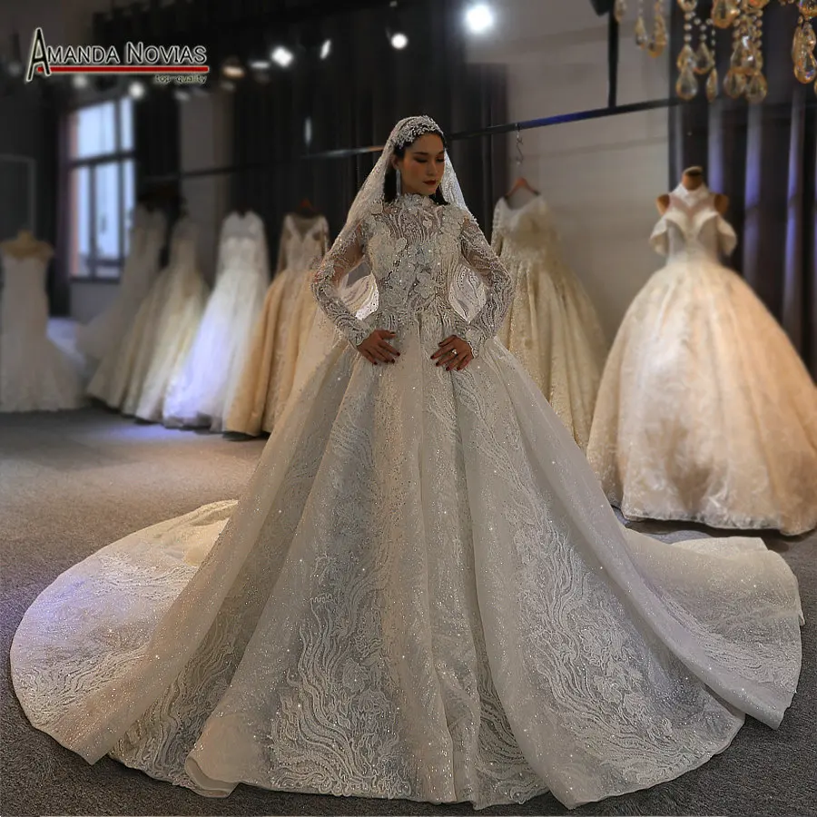 Long Sleeves Full Beading Off White Color Wedding Dress Muslim Style 2022 New Style Wedding Dresses Aliexpress Princess Style Wedding Dresses 2022 With Long Sleeve