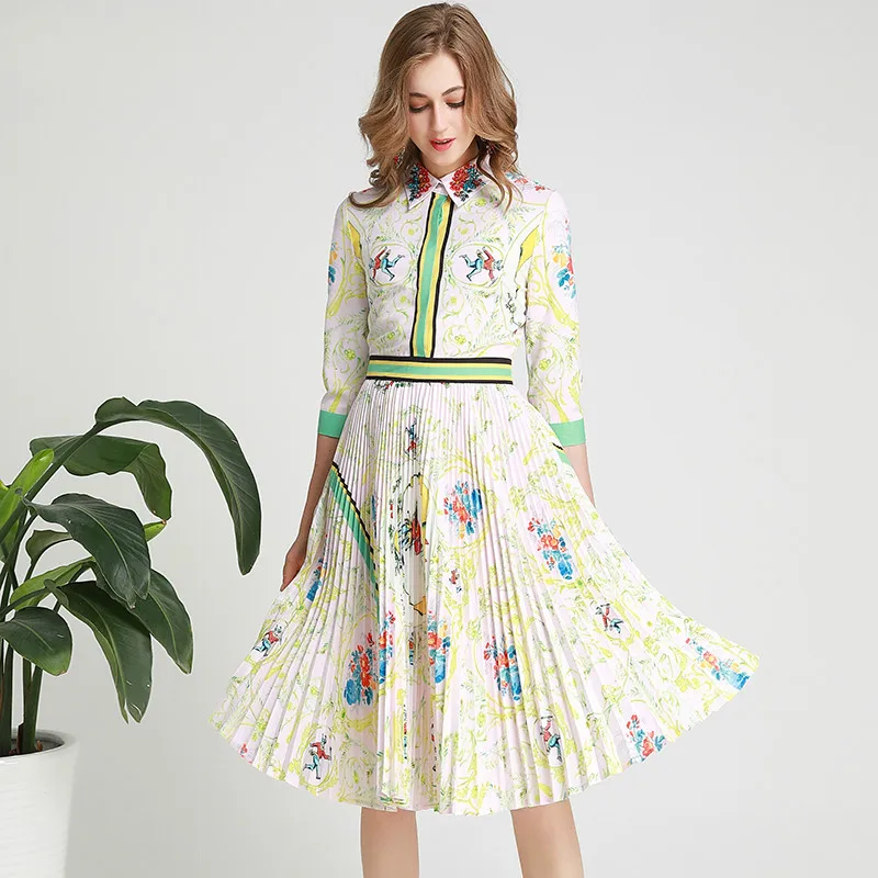 

MoaaYina Fashion Designer Runway dress Spring Summer Women Dress Turn-down Collar Crystal Print Pleated Dresses
