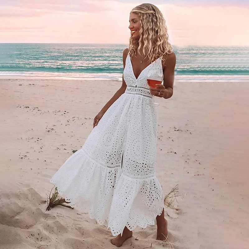 Misswim Elegant embroidery white summer beach dress women V neck pearl buttons dresses Ladies