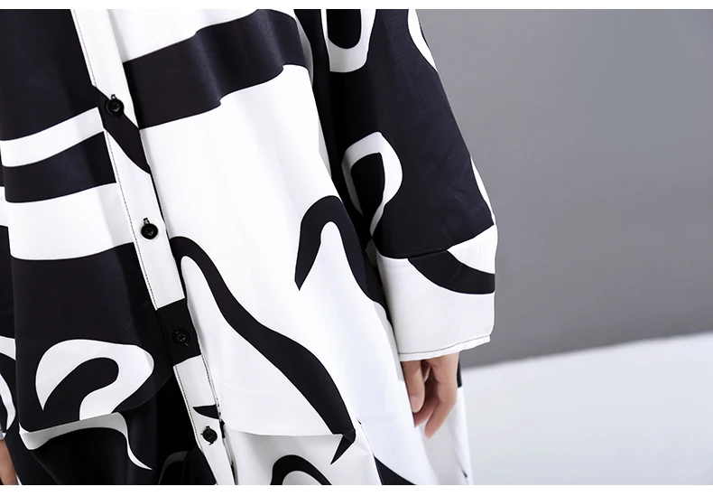 New Fashion Black And White Tie Dye Print Shirt Dress