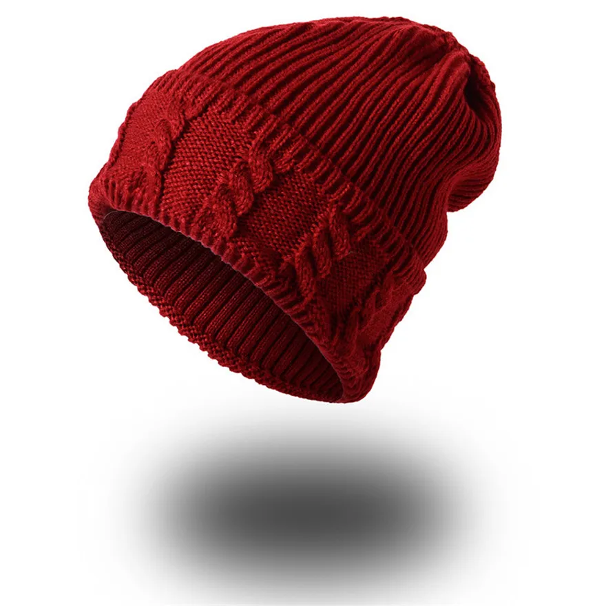 New men's autumn and winter outdoor knitted wool hat cuffed hooded fashion casual warm acrylic cap for men and women - Цвет: wine red