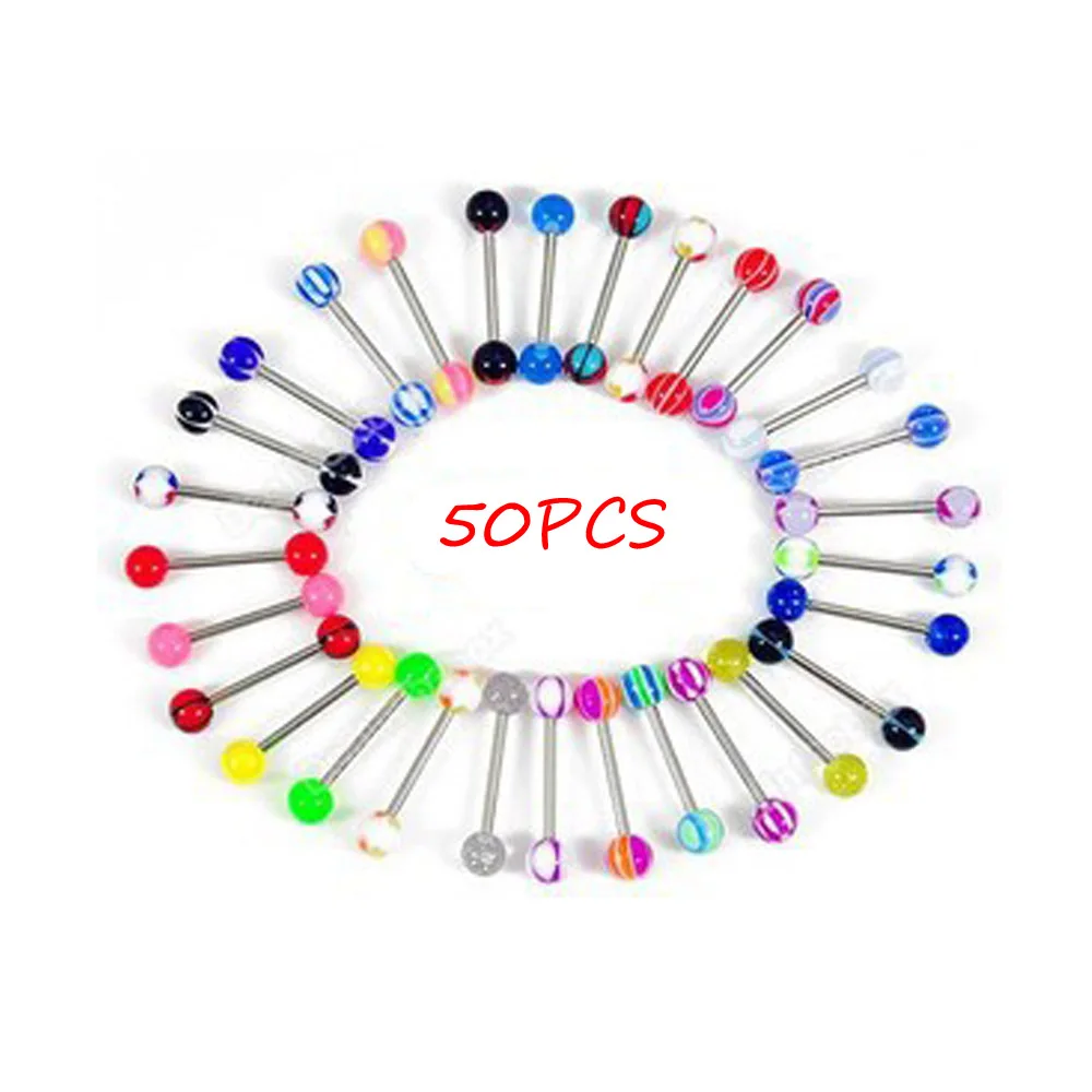 50Pcs 30/50/60/100 шт новые партии Размеры мяч язык пупок штанги с ниппелями королевская подвеска ювелирное изделие для тела, смешанные Цвет пирсинг хороший подарок - Окраска металла: 50Pcs