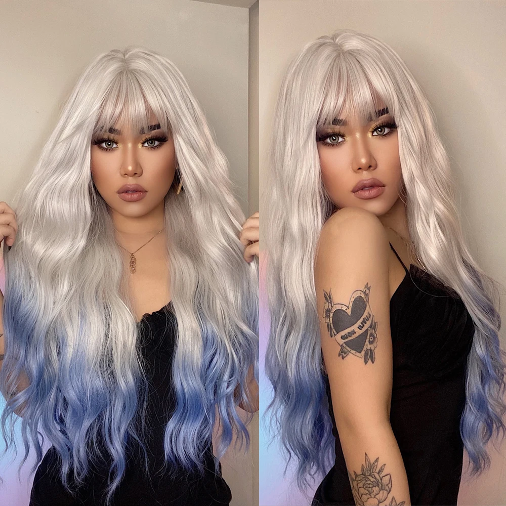 ALAN EATON Long Water Wave Synthetic Wigs with Bangs Ombre White Blonde Blue Cosplay Party Wigs for Women Heat Resistant Hair