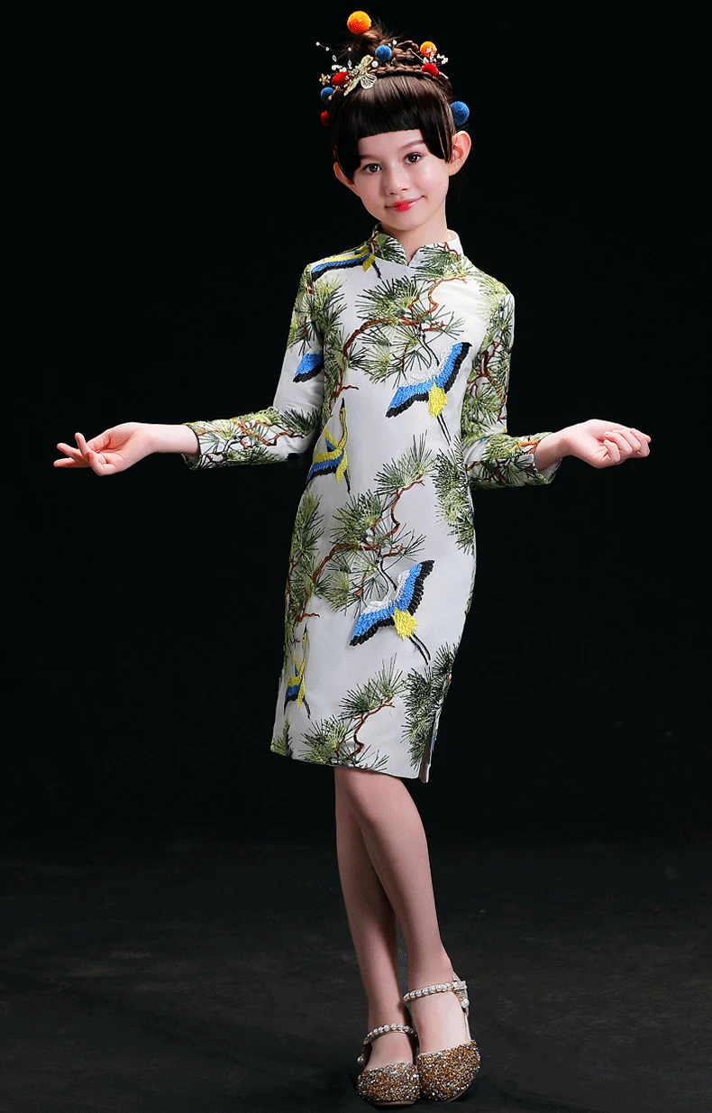 Detachable 2 Ways To Wear Girls Clothing Chinese Style Girls Evening Dresses For Girls Kids Dress Beauty Contest Satin Cheongsam
