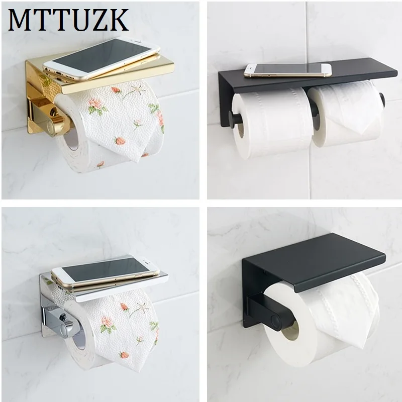 

Simple Design Golden 304 Stainless Steel Toilet Paper Holder With Phone Shelf Bathroom Toilet Matte Black Roll Paper Holder