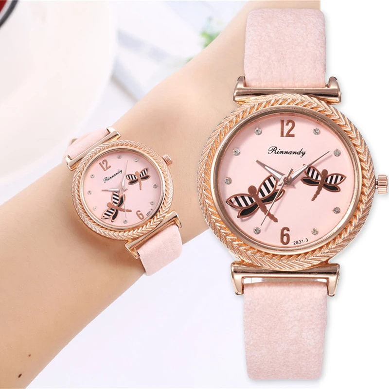 

Trend Women Watch Quartz Leather Multifaced Diamond Creative Dragonfly Pattern Dial Ladies Casual Business Clock reloj mujer