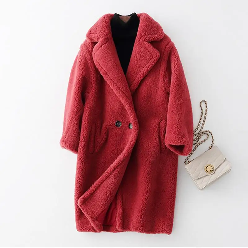 rose red Новое зимнее женское длинное пальто из натуральной овечьей шерсти женские толстые теплые куртки из натуральной шерсти пальто Manteau Femme E07 - Цвет: rose red
