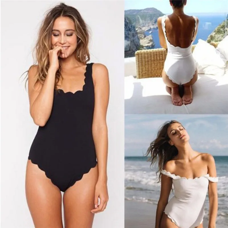 lace bodysuit New Women Sexy One-Piece Beachwear Women Summer Wave Shape Wide Straps Swimsuit Solid Color pink bodysuit