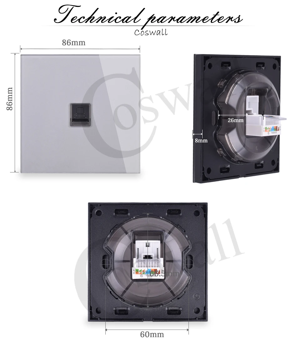 COSWALL Кристалл Закаленное стекло панель настенная розетка RJ45 CAT5E компьютерный разъем интернет-разъем R11 серии серый цвет