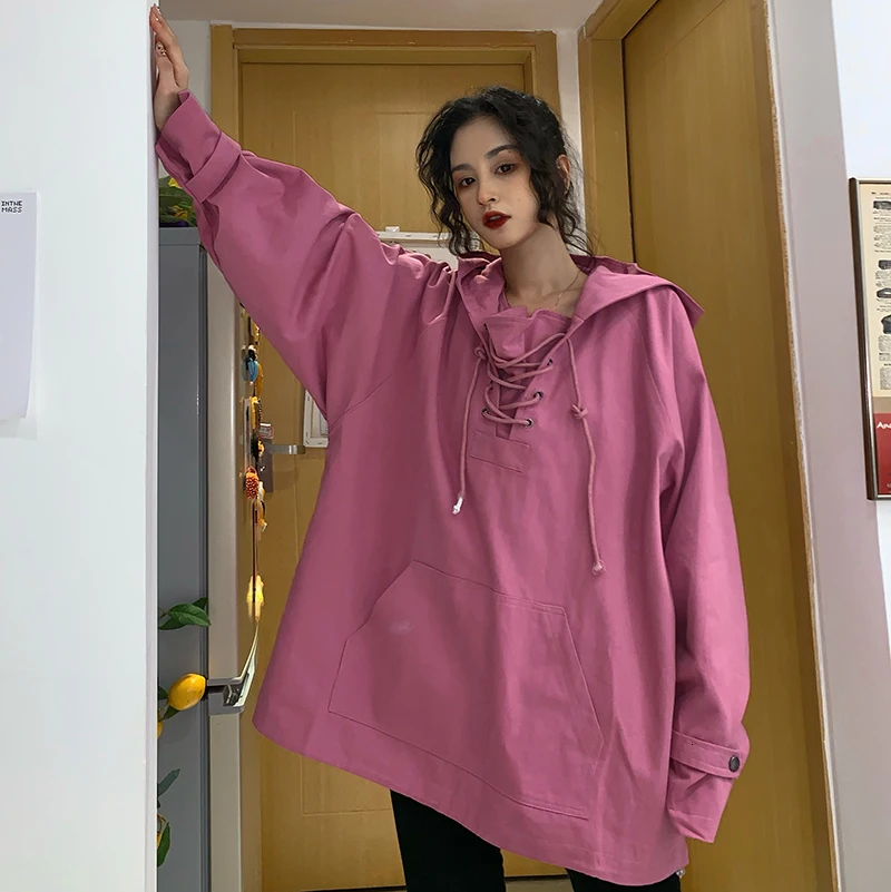 SexeMara Autumn New Hooded Collar Women Tops Full Sleeve Solid Color Large Size Ladies Fashion Loose Pullover CSW164
