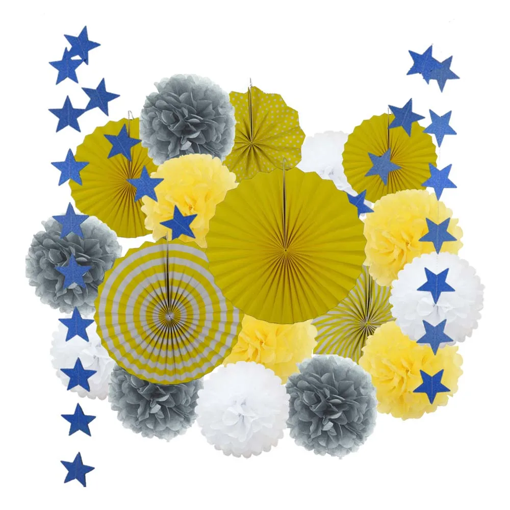 Grey Yellow Set 19 шт. розовый набор висячие бумажные поделки для маленьких девочек Крещение мальчика Дети День Рождения Подарок бумажный вентилятор детский сад декор украшения - Цвет: Grey Yellow Set