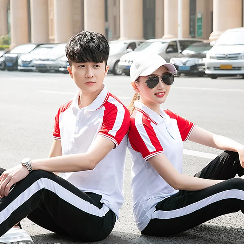 

2019 New Style Sports Set School Uniform Pure Cotton Short Sleeve Moisture Absorption Breathable Couples Casual Junior High Scho