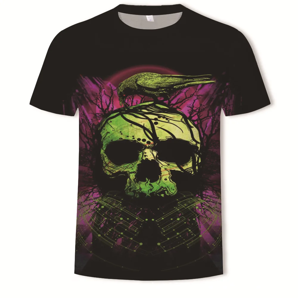 

Men's Round Neck Short Sleeve 3d Crow Human Skeleton Head Printing tshirt streetwear t-shirt