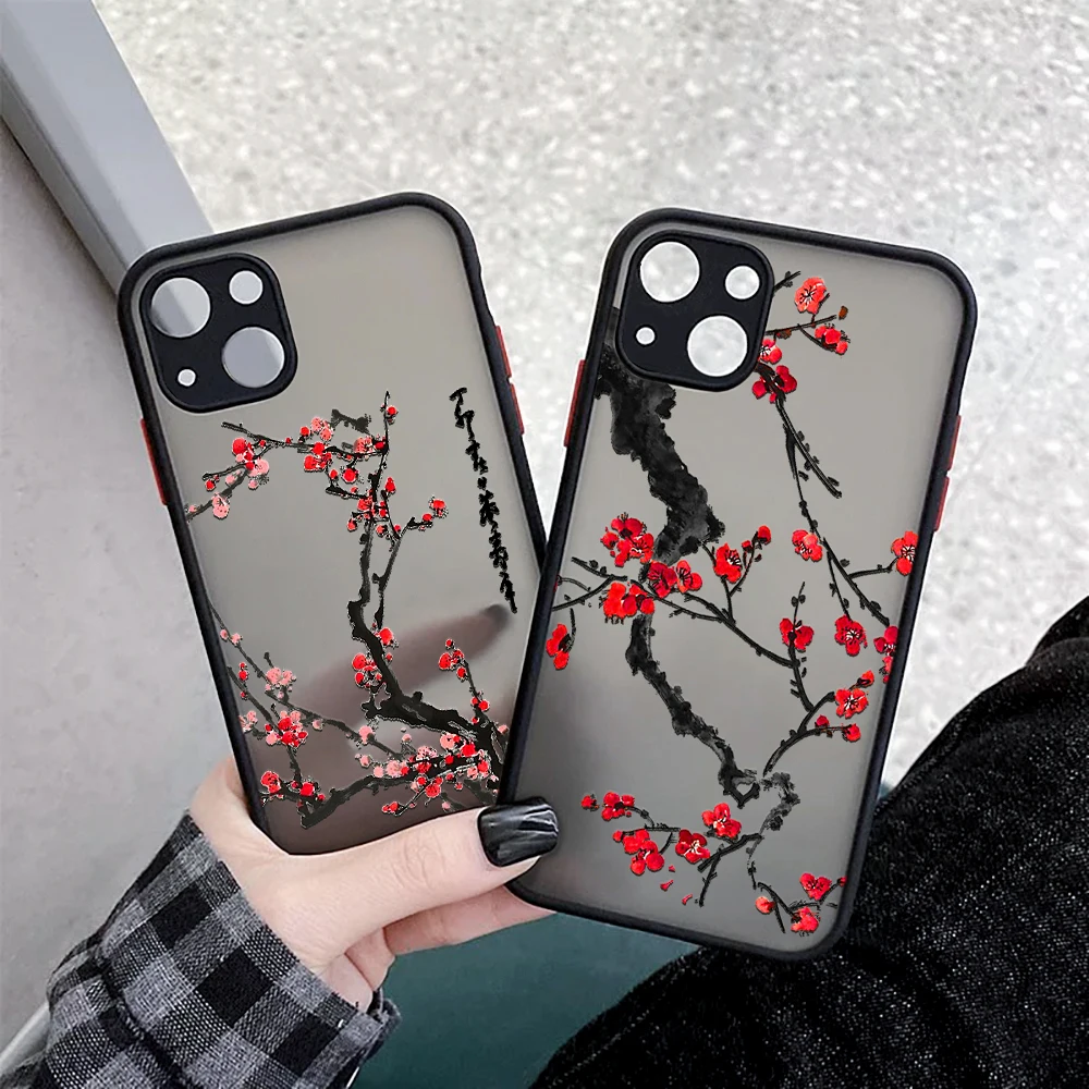 Plum Blossom Flower Iphone 13 12 XS 11 Pro Max Mini Chinese Style Painting Case for  X XR SE2020 7 8 Plus Red Floral Design Case