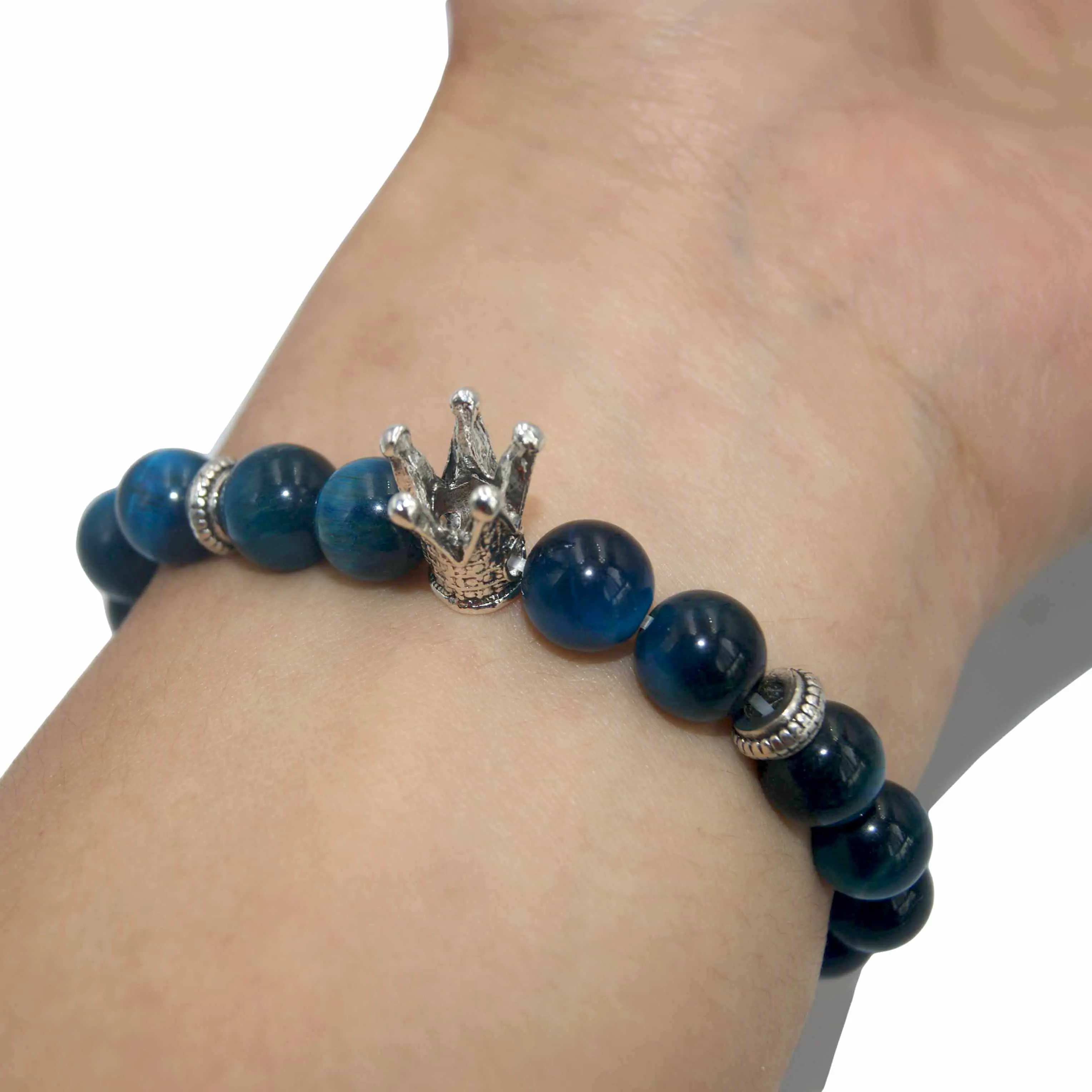 Lake Blue Tiger eye Натуральный камень Серебристая Корона Браслет Лазурит Агаты тигровый глаз камень Бусины Йога браслет ювелирные изделия для мужчин женщин друг подарок - Окраска металла: Lake Blue Tiger eye
