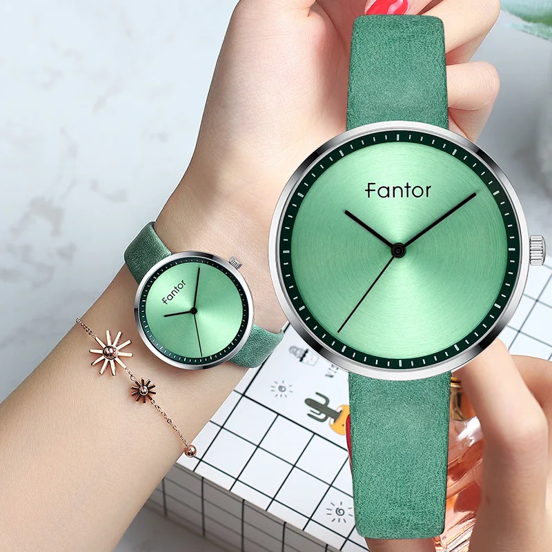 Fantor Лидирующий бренд женские часы кожаный зеленый циферблат женские модные роскошные повседневные часы женские водонепроницаемые Элегантные наручные часы