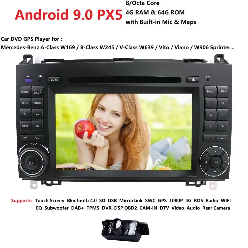 Sale 4GRAM OctaCore8 1024*600 2din car DVD Android 9.0 PX5 for Mercedes/benz B200 A160 Viano Vito GPS NAVI RADIO BT built-in Mic wifi 5