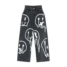 Jean délavé pour femmes, taille haute, ample, imprimé Hip hop, décontracté, droit, Long, 2020 