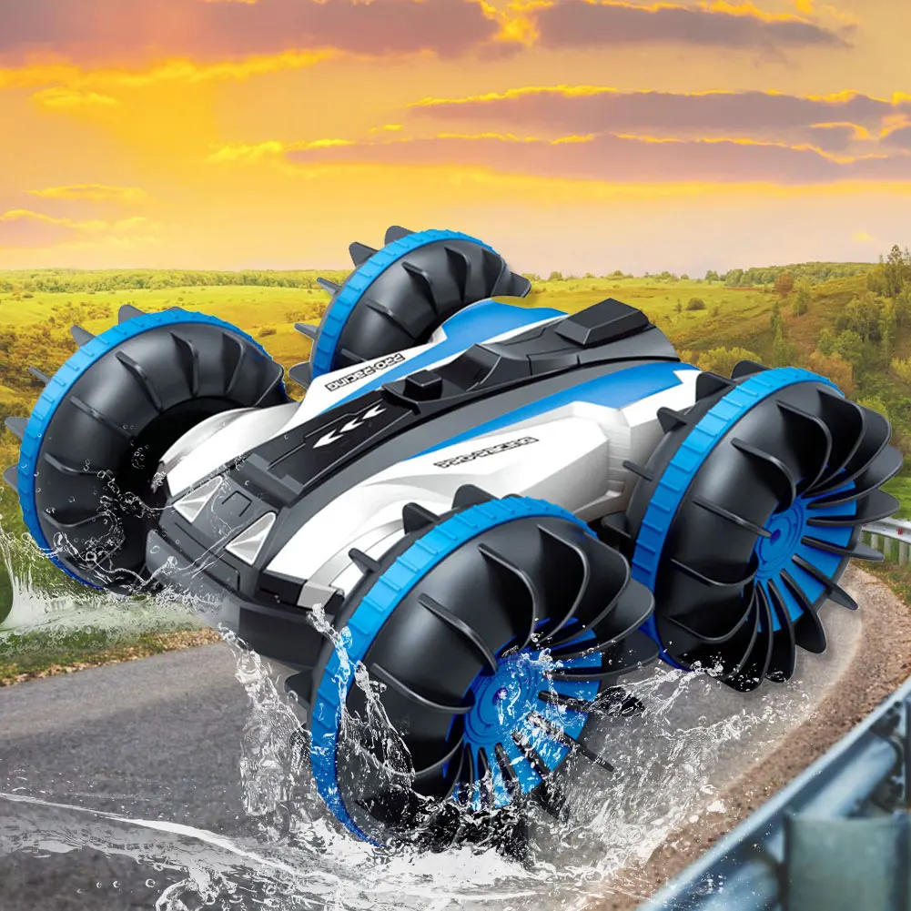 2,4 ГГц 4WD 1:18 RC автомобиль водонепроницаемый Дети вращающийся игрушечная лодка двухсторонний трюк амфибия дистанционное управление внедорожных 360 градусов спин