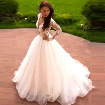

V-Neck Long Sleeves Lace Appliques Wedding Dress Tulle Skin Net Top Bridal Gowns Princess Long Robe De Mariage Spring Fashion