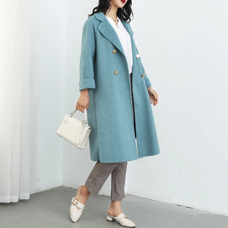 

Double-sided cashmere overcoat spring 2020 new 100% wool coat for women winter overcoats wide-waisted blue coats alpaca woolen