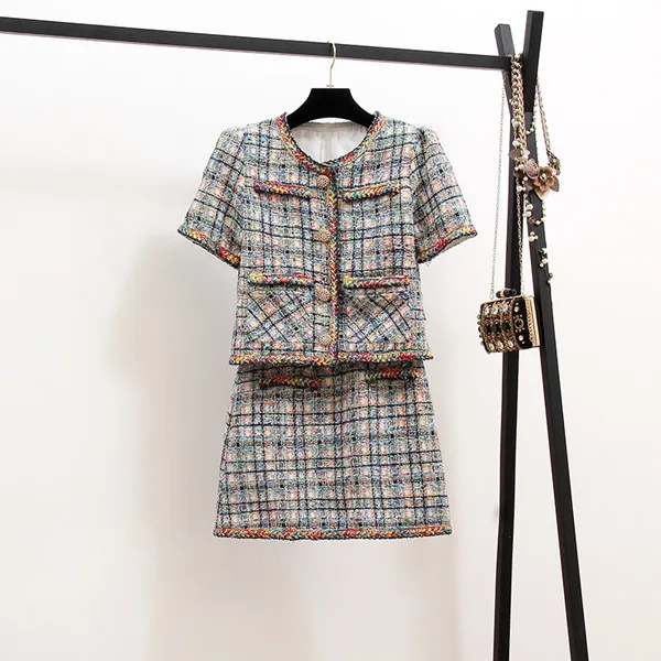 Picture Color Autumn Tweed 2 Piece Set Suit Women Weave Plaid Button Pocket Short Jacket Coats+ Mini Pencil Skirt Set Two Piece Outfits - Цвет: Picture Color