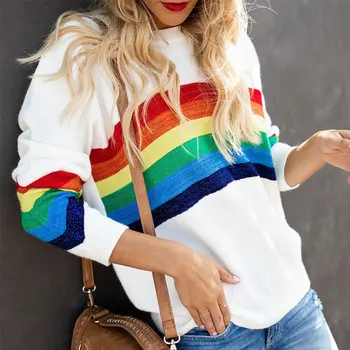 

Rainbow Strips Sweater Women O-neck White Pullover Casual Ribbed Sweaters Female Autumn Knitwear Bright Silk Lady Pullovers