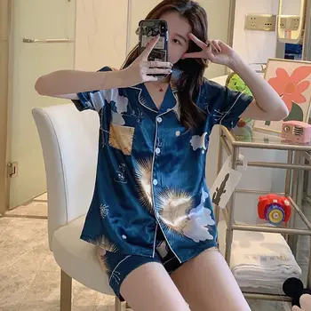

Summer Women Simulation Silk Pajamas Set Simple Cartoon Printing Nightwear Short Sleeve Sleepwear a