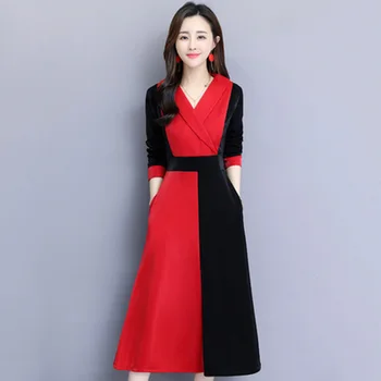 

New spring and autumn women's Big swing dress mature and thin age-reducing temperament high-waist contrast color plus size dress