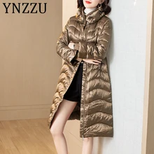 YNZZU, высокое качество,, зимний женский пуховик, глянцевый, длинный, белый, утиный пух, пальто для женщин, стоячий воротник, теплая верхняя одежда A1379