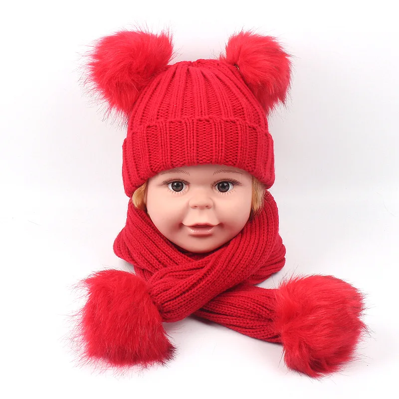 Новые модные осенне-зимние вязаные шапки и наборы шарфов с двойным помпоном из искусственного меха для детей, плотные бархатные шапочки