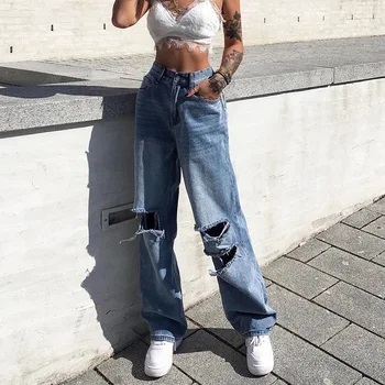 

High Waist Hole Mom Jeans Women Streetwear Straight Trousers Femme Vintage Ripped Jeans For Women Loose Denim Pants Blue Black