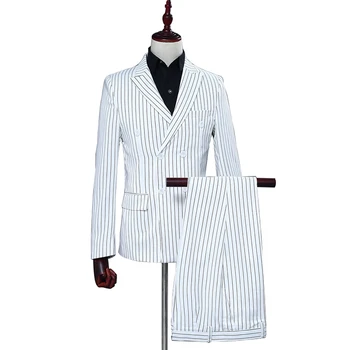 

White Stripe Elegant Suit Blazer With Pants 2 Pieces Set Men Business Slim Formal Jacket For Shows Party Double Breasted Coat